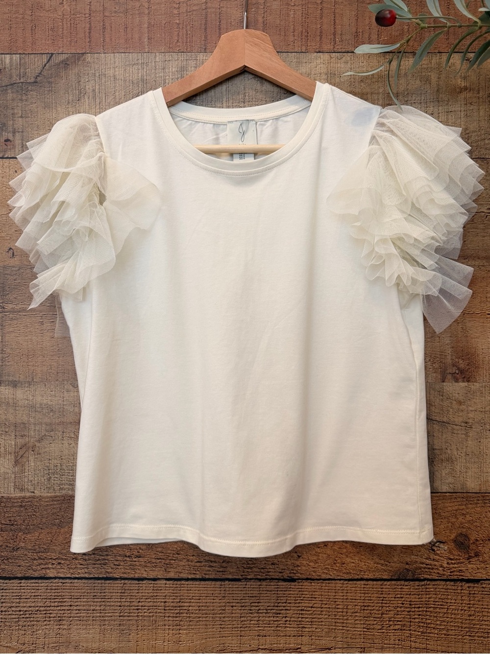 Joie Cream Crewneck Tulle Sleeve Top Romantic